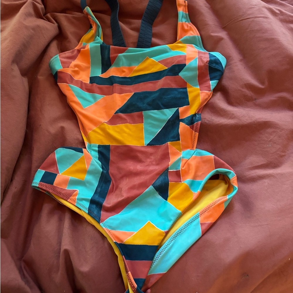 Prana Orange and Yellow One Piece Swimsuit with Modern Cutouts size medium